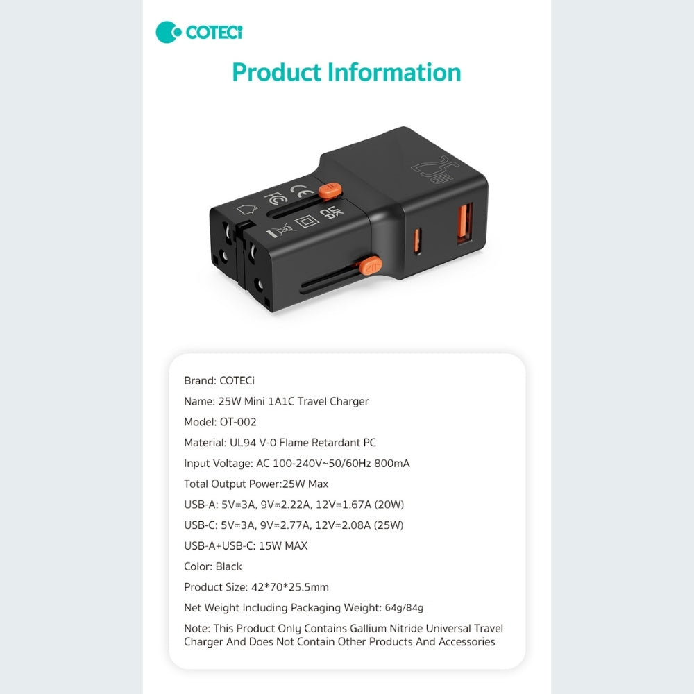 Coteci OT-002 25W Travel Charger