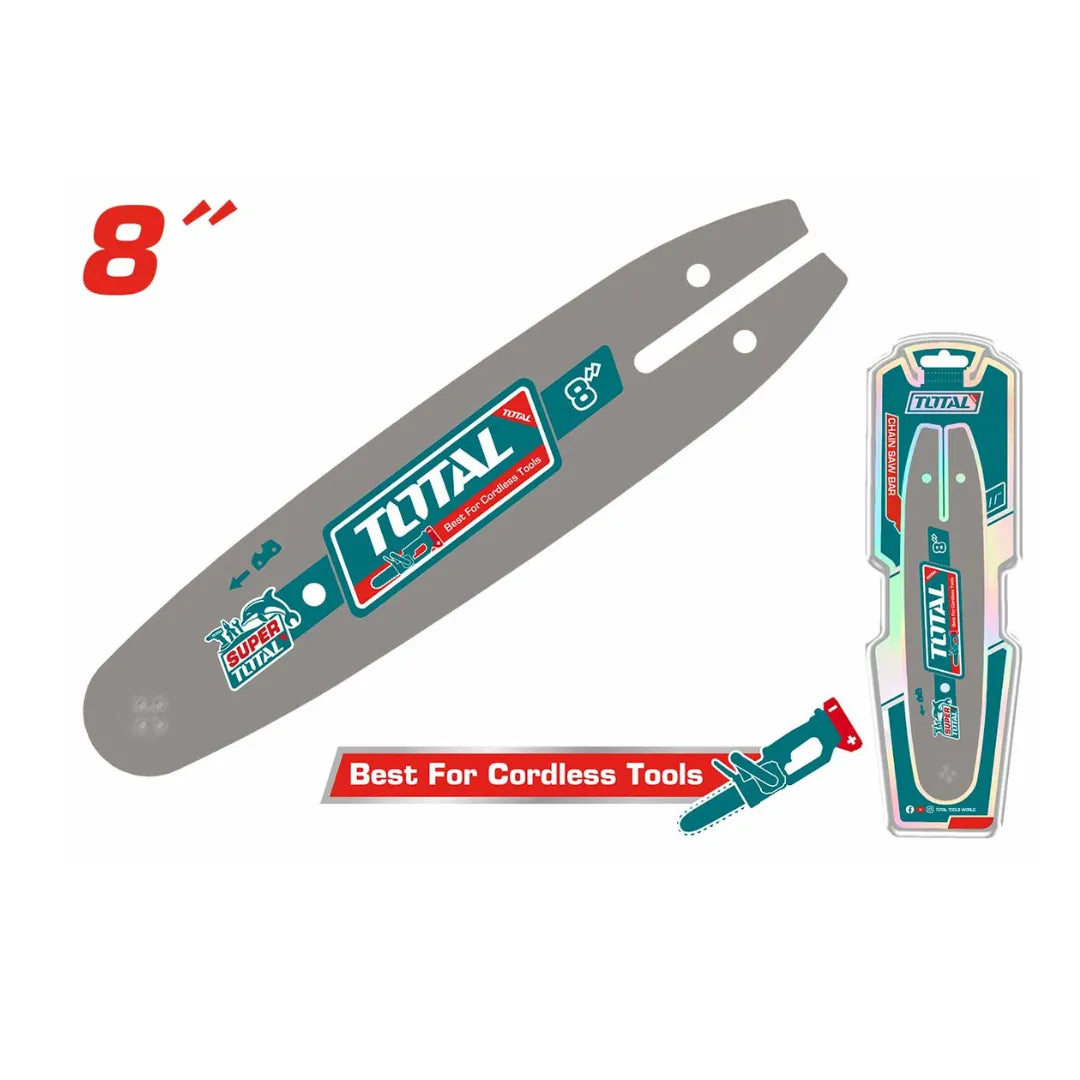 Total TGTSB50801 8-inch chainsaw guide bar shown beside retail packaging