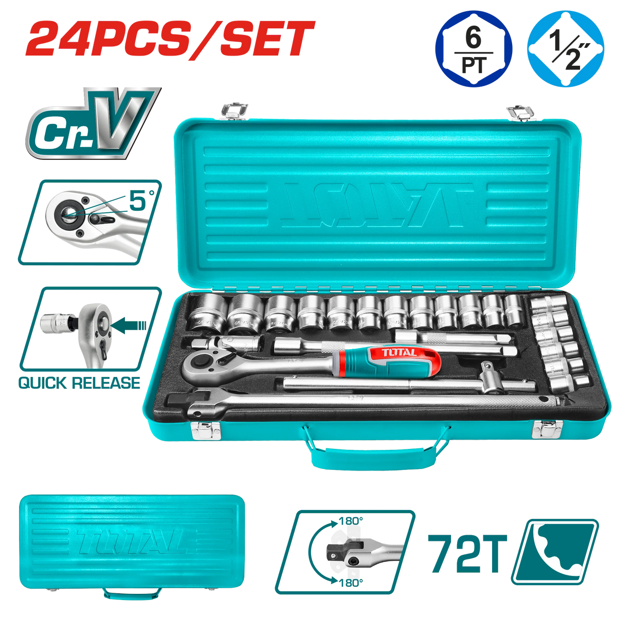 Total THT121242 socket tool set organized with handle and accessories