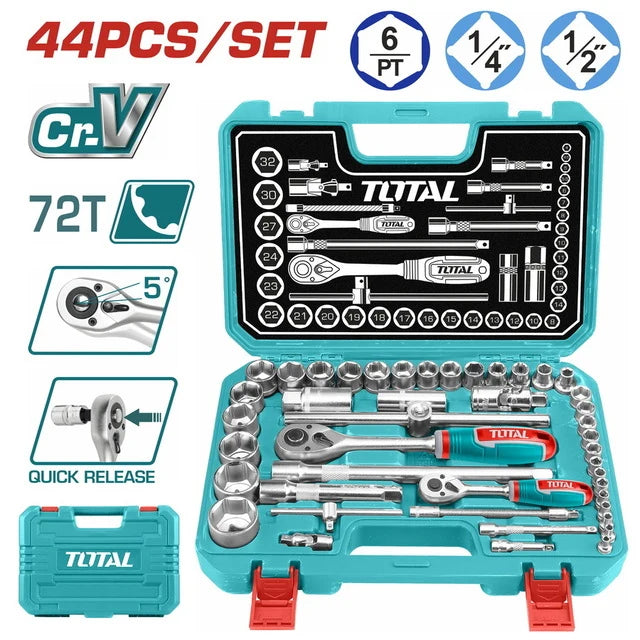 Total THT421441 socket tool set organized with handle and accessories