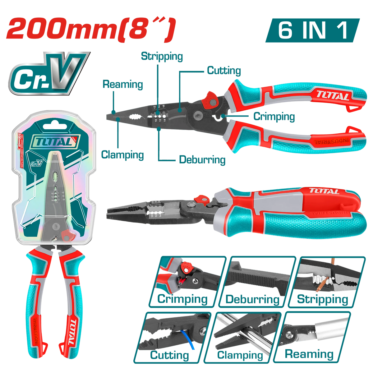 Total THTMF286 multi-function pliers with gripping jaws, integrated cutting features and ergonomic handles