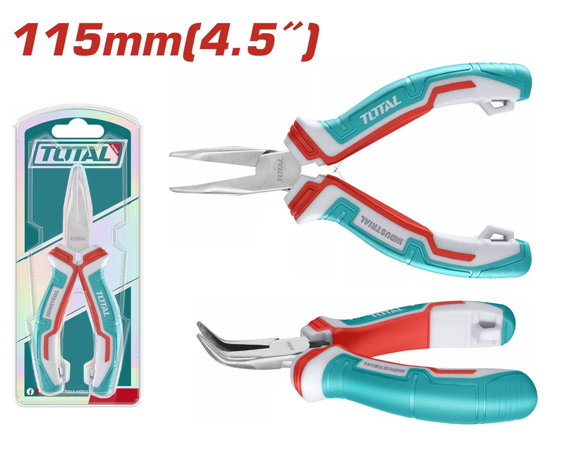 Total THTMN456 mini bent nose pliers with ergonomic grips and product packaging