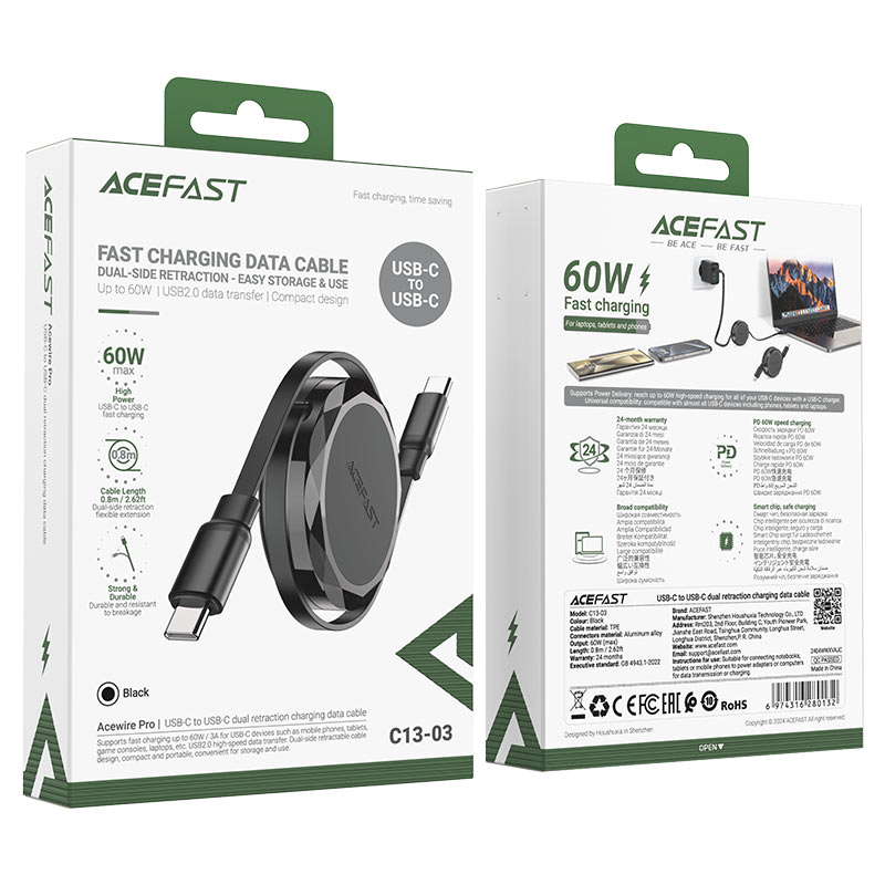AceFast 60W USB-C to USB-C retractable data cable shown in packaging, ideal for fast charging and data transfer.