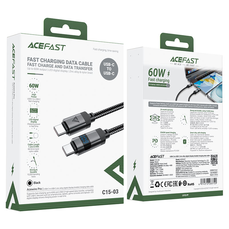 Acefast 60W USB-C LED Digital Display Cable