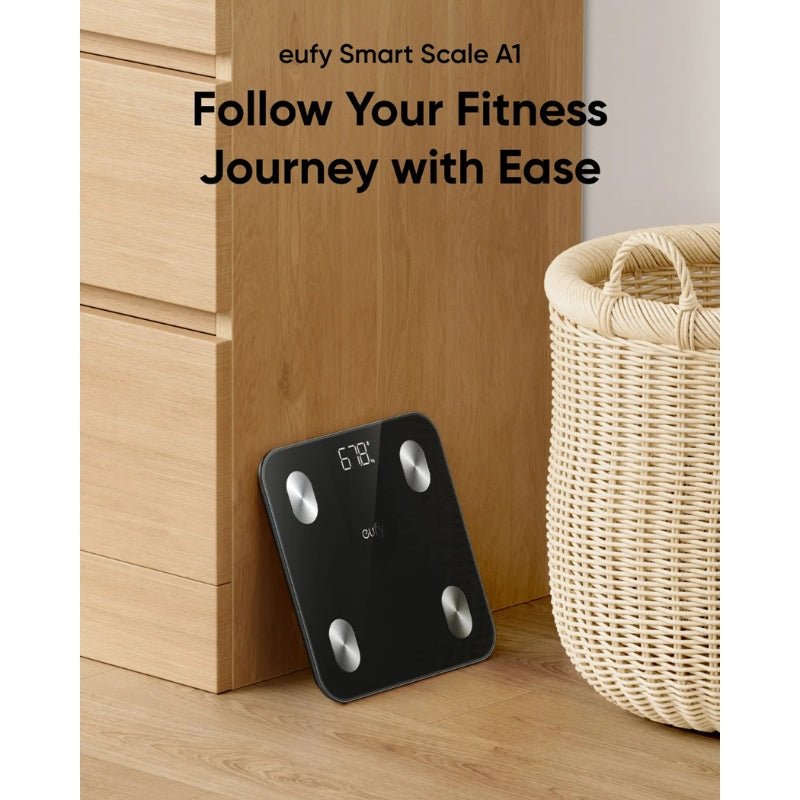 eufy Smart Scale A1 displaying weight measurement on digital screen, sleek design for health tracking