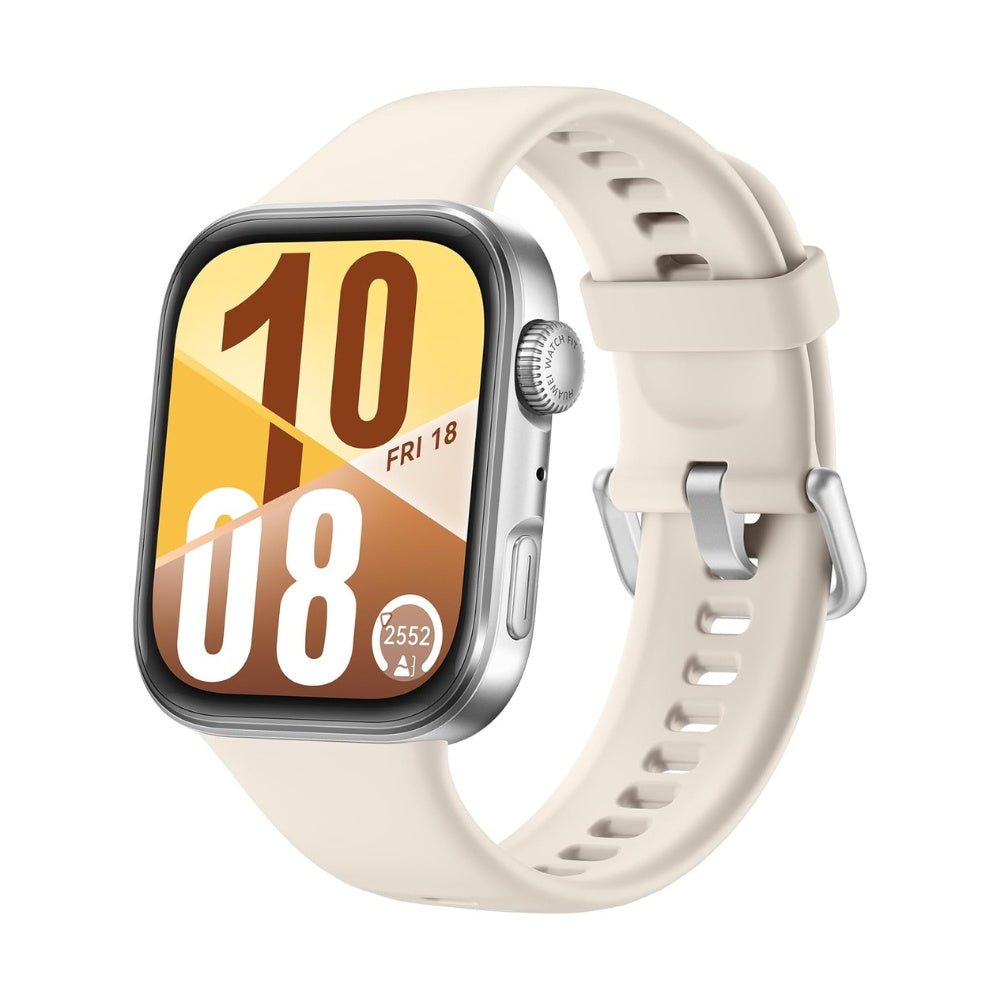 Huawei Watch Fit 4 smartwatch featuring a rectangular display and fitness tracking capabilities on a vibrant wristband.