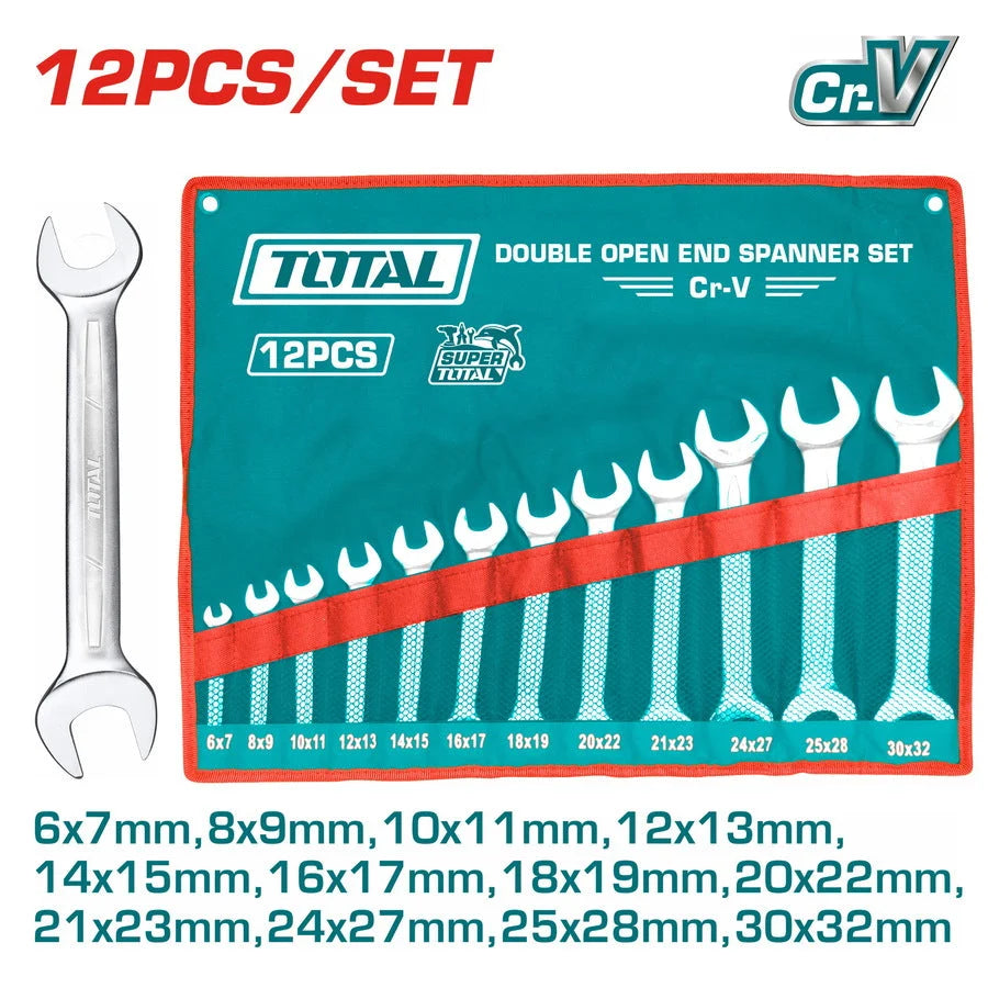 Total THT1023121 double open-end spanners arranged in a roll-up tool pouch