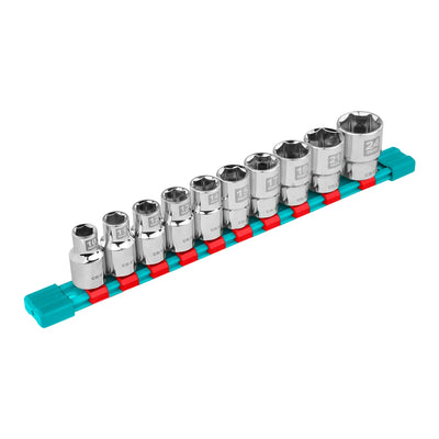 Total THT121101 socket set arranged on a socket rail