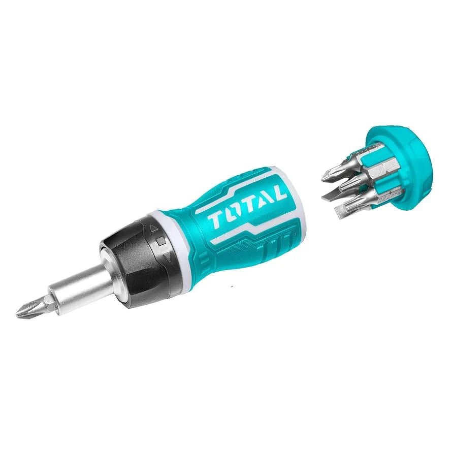 Total TACSDS1726 ratchet screwdriver with integrated bit-storage compartment opened