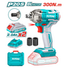 Total TIWLI2038 impact wrench graphic showing 300Nm torque, two batteries, charger and case