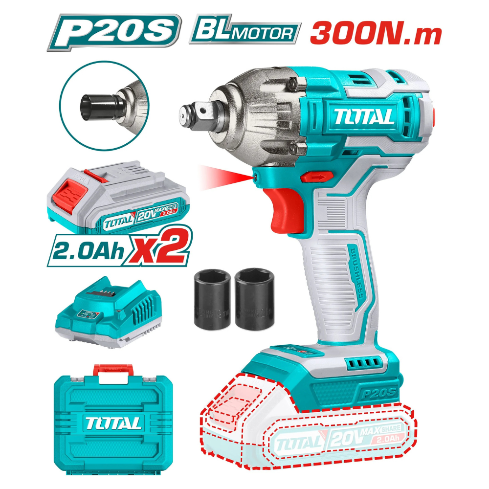 Total TIWLI2038 impact wrench graphic showing 300Nm torque, two batteries, charger and case