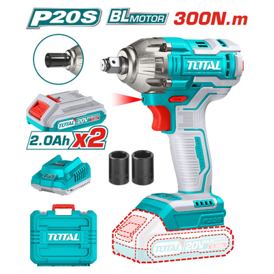 Total TIWLI2038 impact wrench graphic showing 300Nm torque, two batteries, charger and case