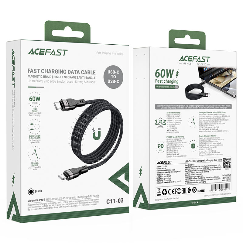 AceFast 60W Magnetic Braid USB-C to USB-C Cable - Cle Market