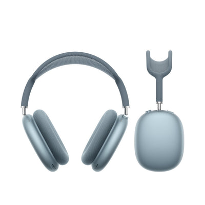 Blue headphones with charging case on a white background