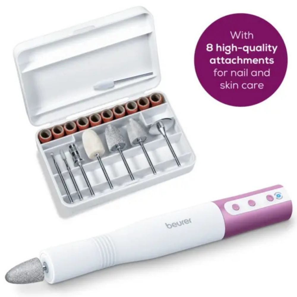 Beurer MP52 manicure and pedicure set with various tools for nail grooming and foot care, displayed on a white background.