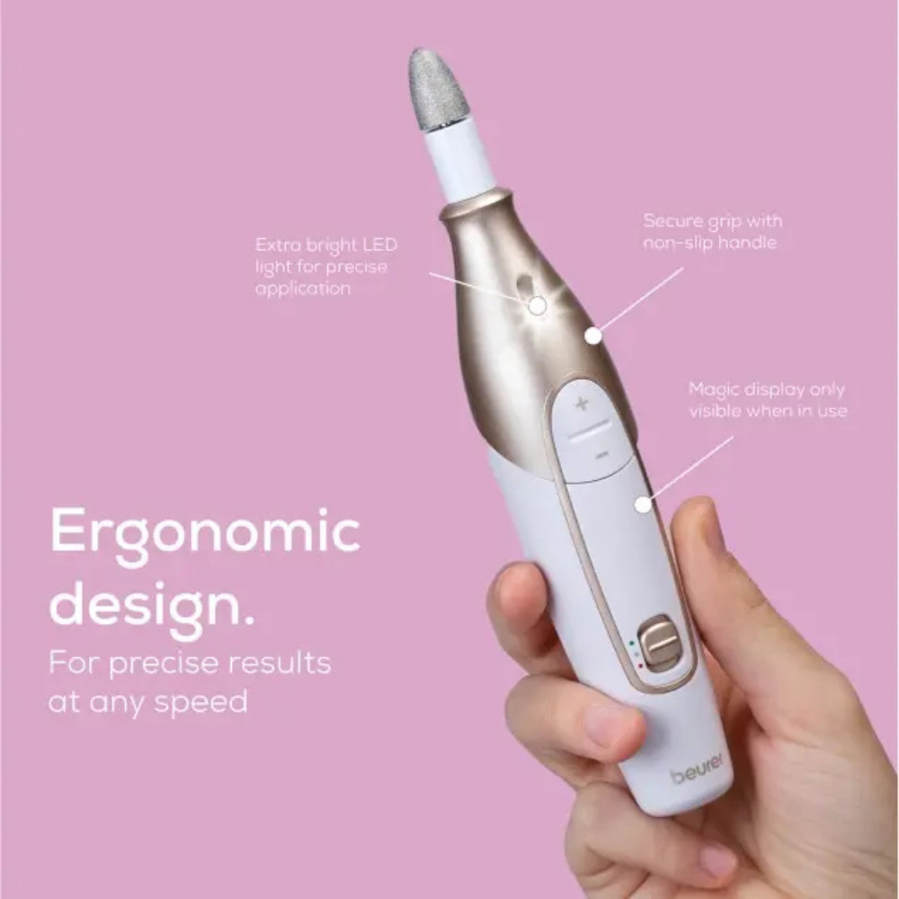 Beurer MP64 manicure and pedicure set with various tools displayed, including nail clippers, scissors, and files for personal grooming.