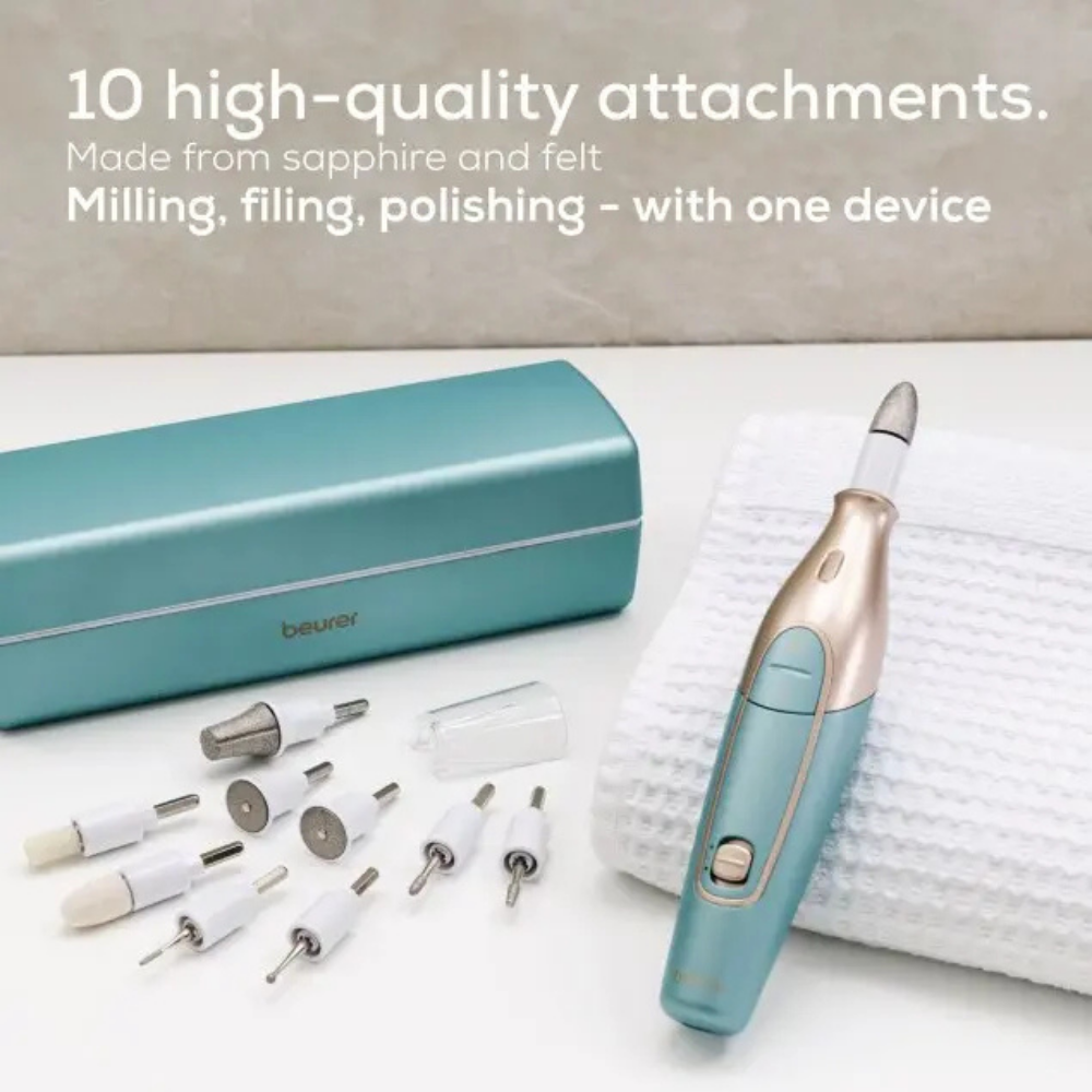Beurer MP84 manicure and pedicure set with various nail tools arranged on a white background.