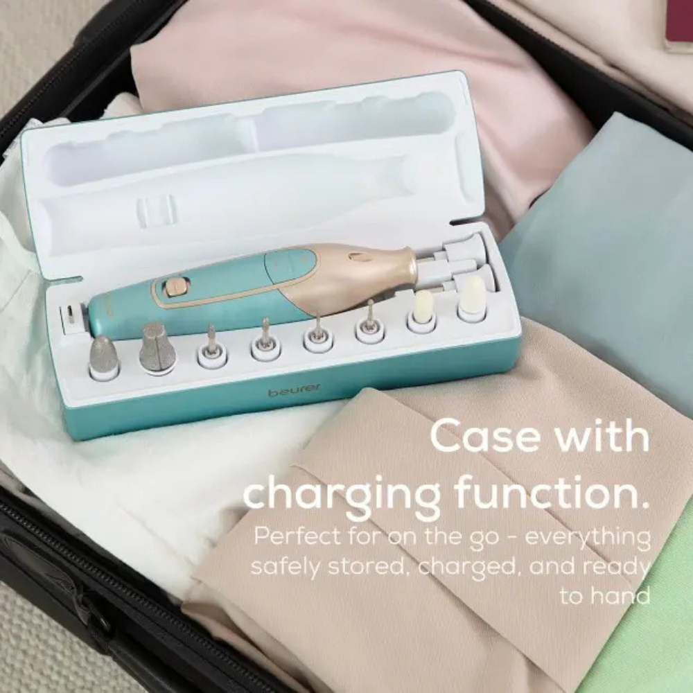 Beurer MP84 manicure and pedicure set with various grooming tools arranged on a white background.