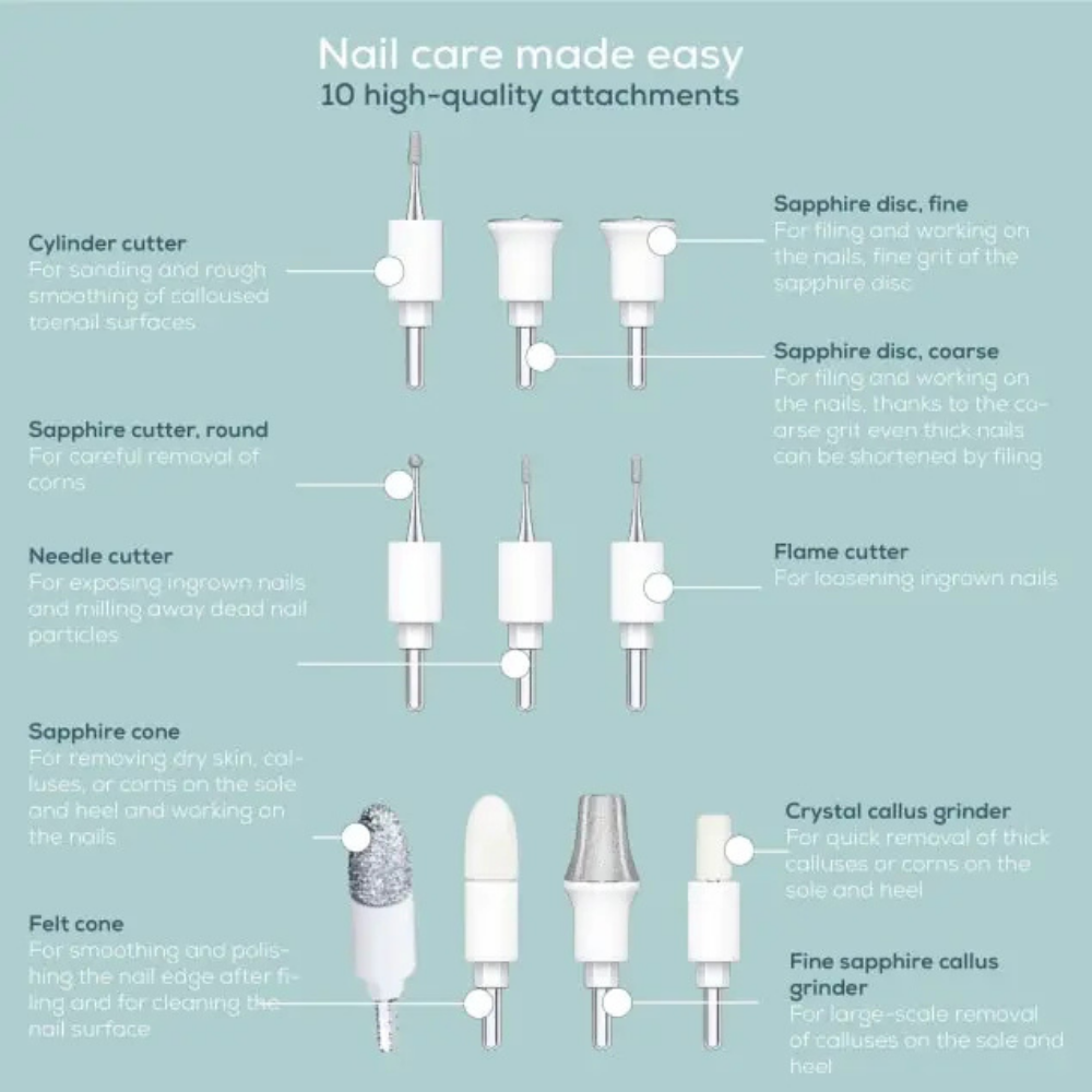 Beurer MP84 manicure and pedicure set with various stainless steel tools arranged on a white background.