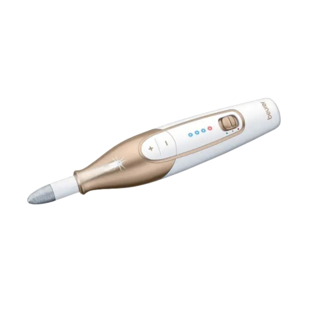 Beurer MP64 manicure and pedicure set with various tools for nail grooming and foot care arranged on a white background.