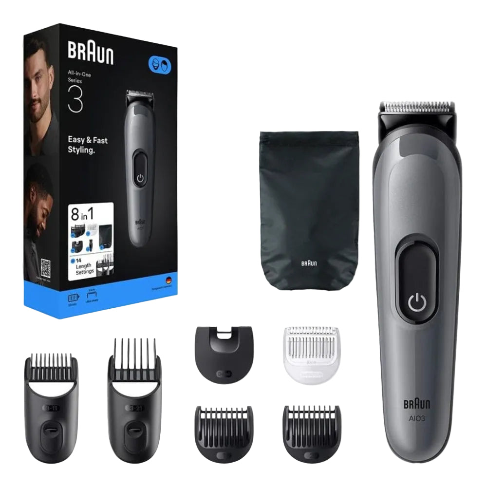 Braun hair trimmer set with packaging, trimmer, and attachments on a white background