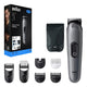 Braun hair trimmer set with packaging, trimmer, and attachments on a white background