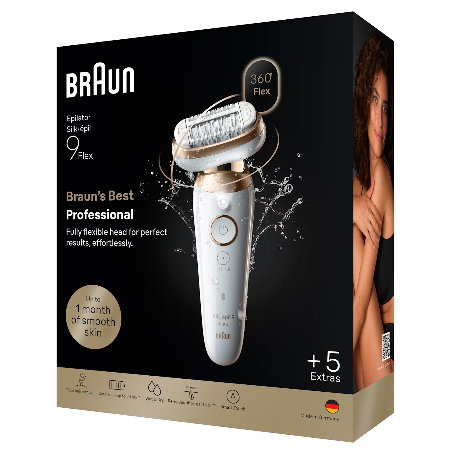 Braun epilator packaging with product image and branding on a black background