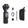 A handheld gimbal camera with a rear screen, shown with several included accessories on a plain white background: a small mounting piece, a USB cable, a wrist strap, a small battery/charger, and a black zip pouch. The pouch has a visible ORO logo.