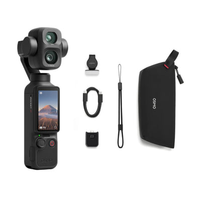 A handheld gimbal camera with a rear screen, shown with several included accessories on a plain white background: a small mounting piece, a USB cable, a wrist strap, a small battery/charger, and a black zip pouch. The pouch has a visible ORO logo.