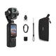 A handheld gimbal camera with a rear screen, shown with several included accessories on a plain white background: a small mounting piece, a USB cable, a wrist strap, a small battery/charger, and a black zip pouch. The pouch has a visible ORO logo.