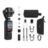 DJI Mini 3 camera shown with multiple accessories arranged on a white background, including a carrying pouch, extra battery, charger, cables, strap, and small accessories.