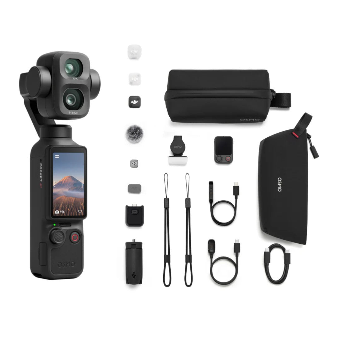 DJI Mini 3 camera shown with multiple accessories arranged on a white background, including a carrying pouch, extra battery, charger, cables, strap, and small accessories.