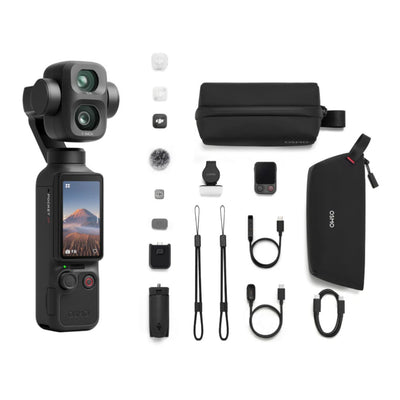 DJI Mini 3 camera shown with multiple accessories arranged on a white background, including a carrying pouch, extra battery, charger, cables, strap, and small accessories.