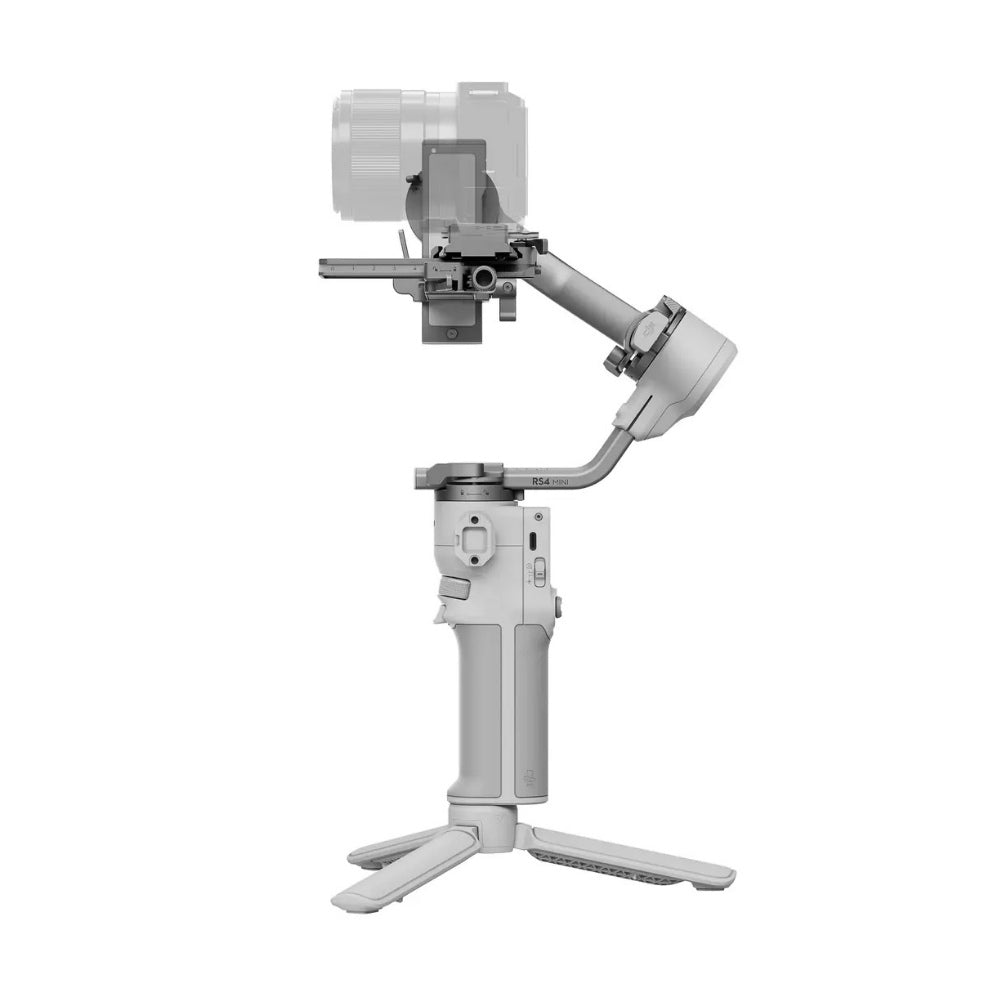 DJI RS 4 Mini Gimbal Stabilizer for cameras, showcasing its compact design and adjustable arms for stability.