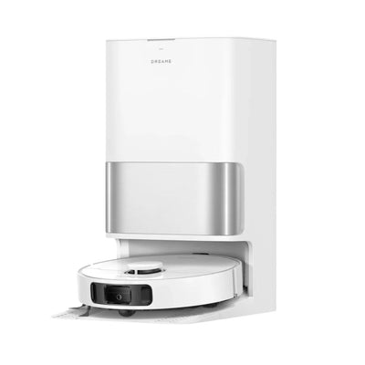 White robot vacuum cleaner with a sleek design on a white background