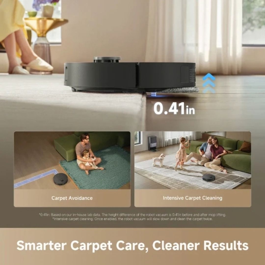 Robotic vacuum cleaner on a carpet with family and pet usage scenarios, highlighting features like 'Carpet Avoidance' and 'Intensive Carpet Cleaning'.