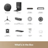 List of items included in a robot vacuum package with icons and text labels.