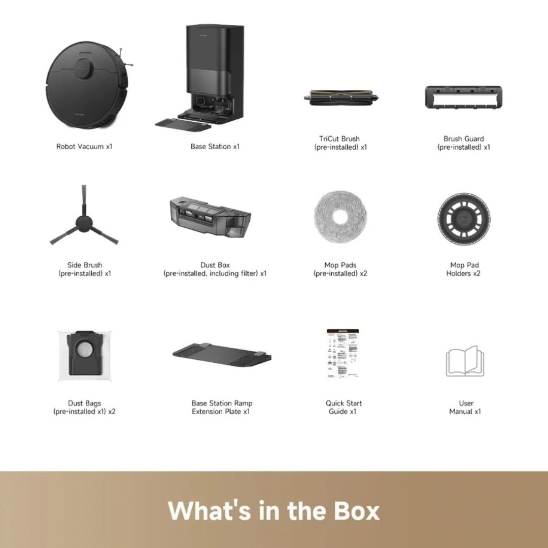 List of items included in a robot vacuum package with icons and text labels.