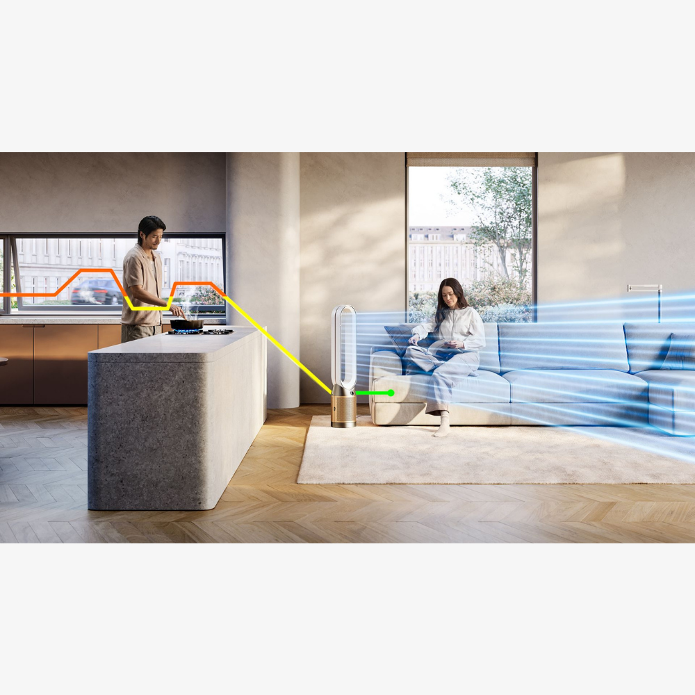 Dyson Purifier Cool PC2 De-NOx in Nickel and Gold, showcasing sleek design and air purification features.