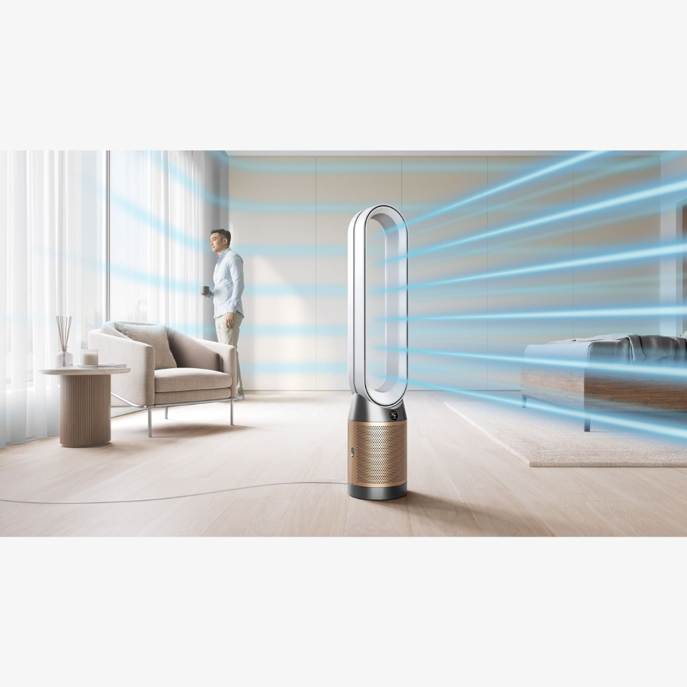 Dyson Purifier Cool PC2 De-NOx in nickel and gold, showcasing sleek design and air filtration features.