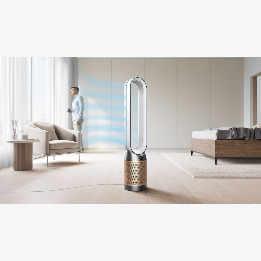Dyson Purifier Cool PC2 De-NOx in nickel and gold, showcasing sleek design and air purification features.