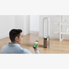 Dyson Purifier Cool PC2 De-NOx in nickel and gold, showcasing sleek design and modern air purification features.