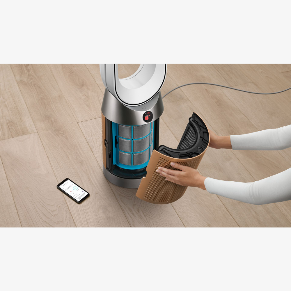 Dyson Purifier Cool PC2 De-NOx in nickel and gold, showcasing sleek design and air purification features.