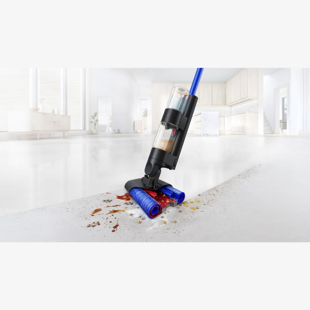 Dyson Wash G1 Wet Cleaner in Ultra Blue and Matt Black, showcasing its sleek design and cleaning features.