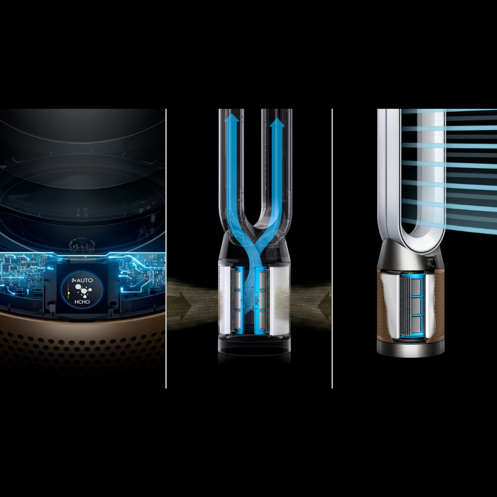Dyson Purifier Cool PC2 De-NOx in Nickel/Gold, showcasing sleek design and modern air purification features.