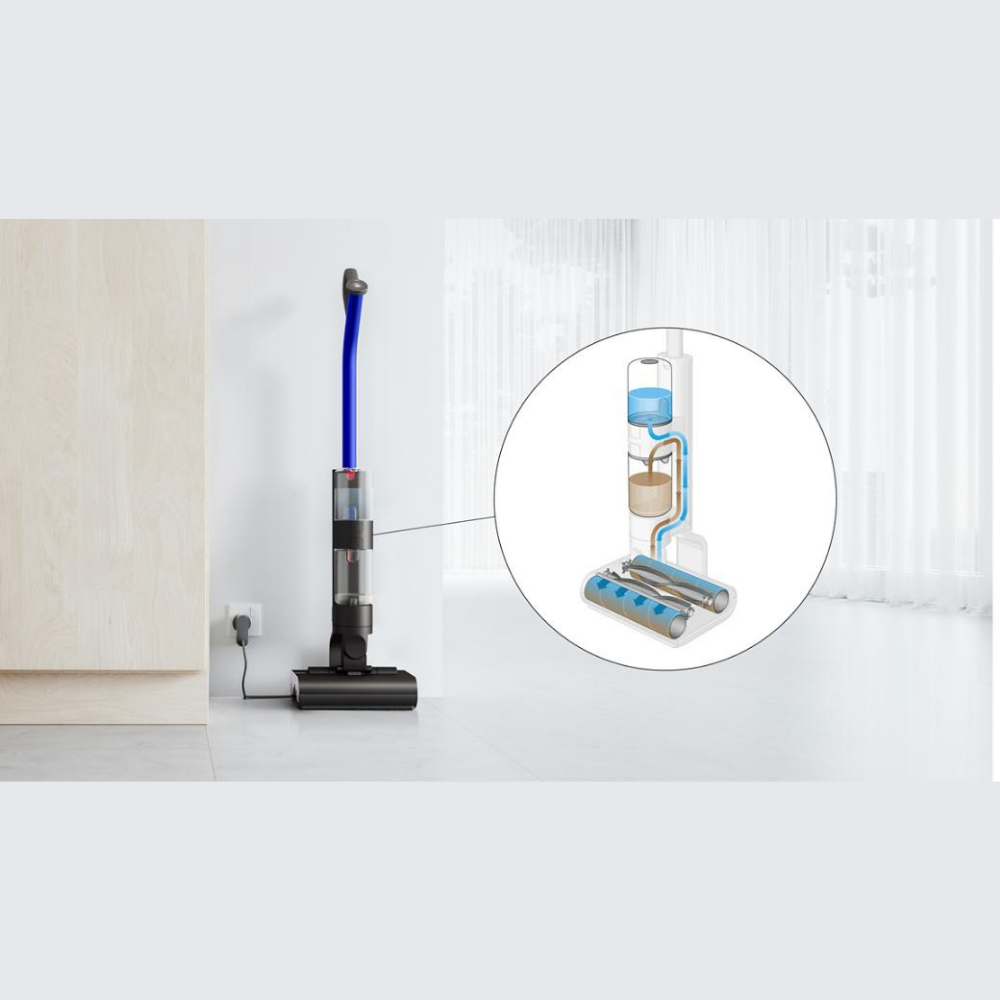 Dyson Wash G1 Wet Cleaner in ultra blue and matt black with sleek design and cleaning attachments on a white background.