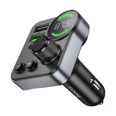 A black car cigarette lighter adapter with a digital display screen showing '87.5' and green indicator lights, featuring a large rotary knob, two smaller buttons, and USB charging ports, with the brand name 'MOGO' printed on the side.