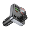 A black car cigarette lighter dual USB charger with an built-in Bluetooth receiver, featuring a digital display screen showing 87.5, two USB-A ports, and a large rotary volume knob.