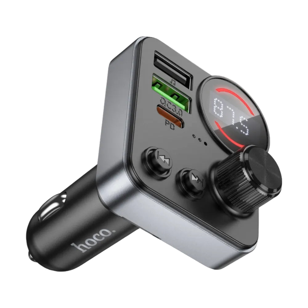 A black car cigarette lighter dual USB charger with an built-in Bluetooth receiver, featuring a digital display screen showing 87.5, two USB-A ports, and a large rotary volume knob.
