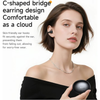 A woman wearing a black wireless earbud and holding its charging case, with promotional text highlighting the C-shaped bridge earring design and comfortable cloud-like fit.
